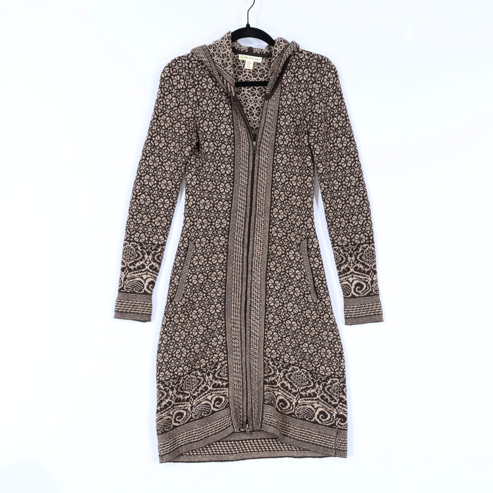 Dakini Hooded Knit Cardigan Dress Women XS Brown Geometric Boho Wool Blend Warm